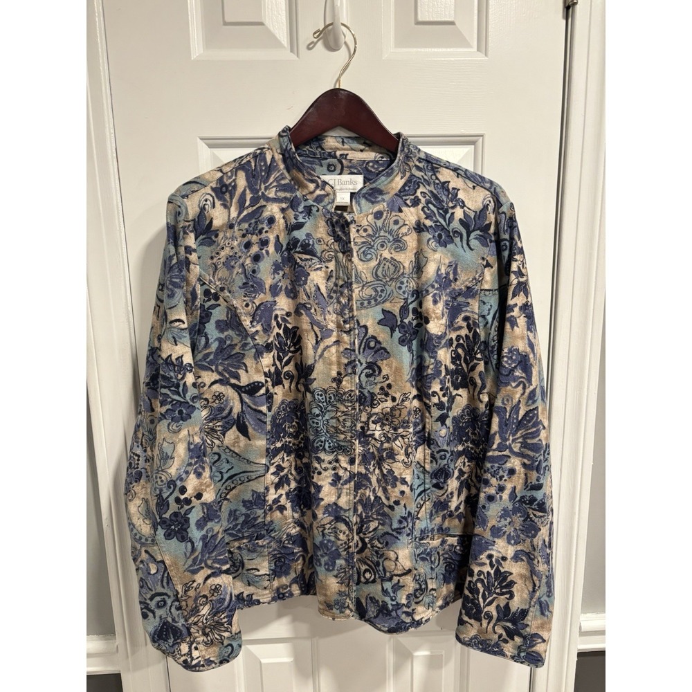 CJ BANKS Christopher Banks Floral Blouse Zip Up Blue Jacket With Pockets Sz 1X